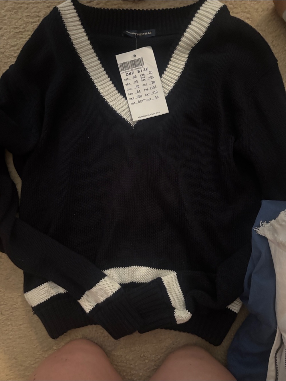 Brandy Melville Black V-Neck Sweater with White Contrast Trim